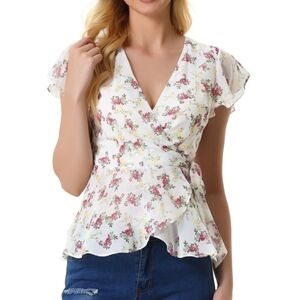 Allegra K Pink and White Flutter Sleeve Wrap Blouse